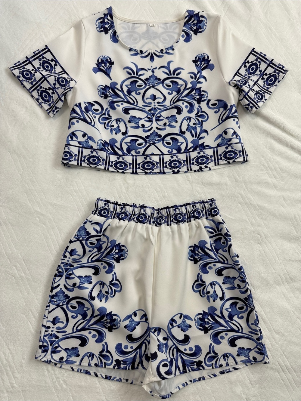SHEIN White and Blue Floral Baroque Crop Top & Shorts Set